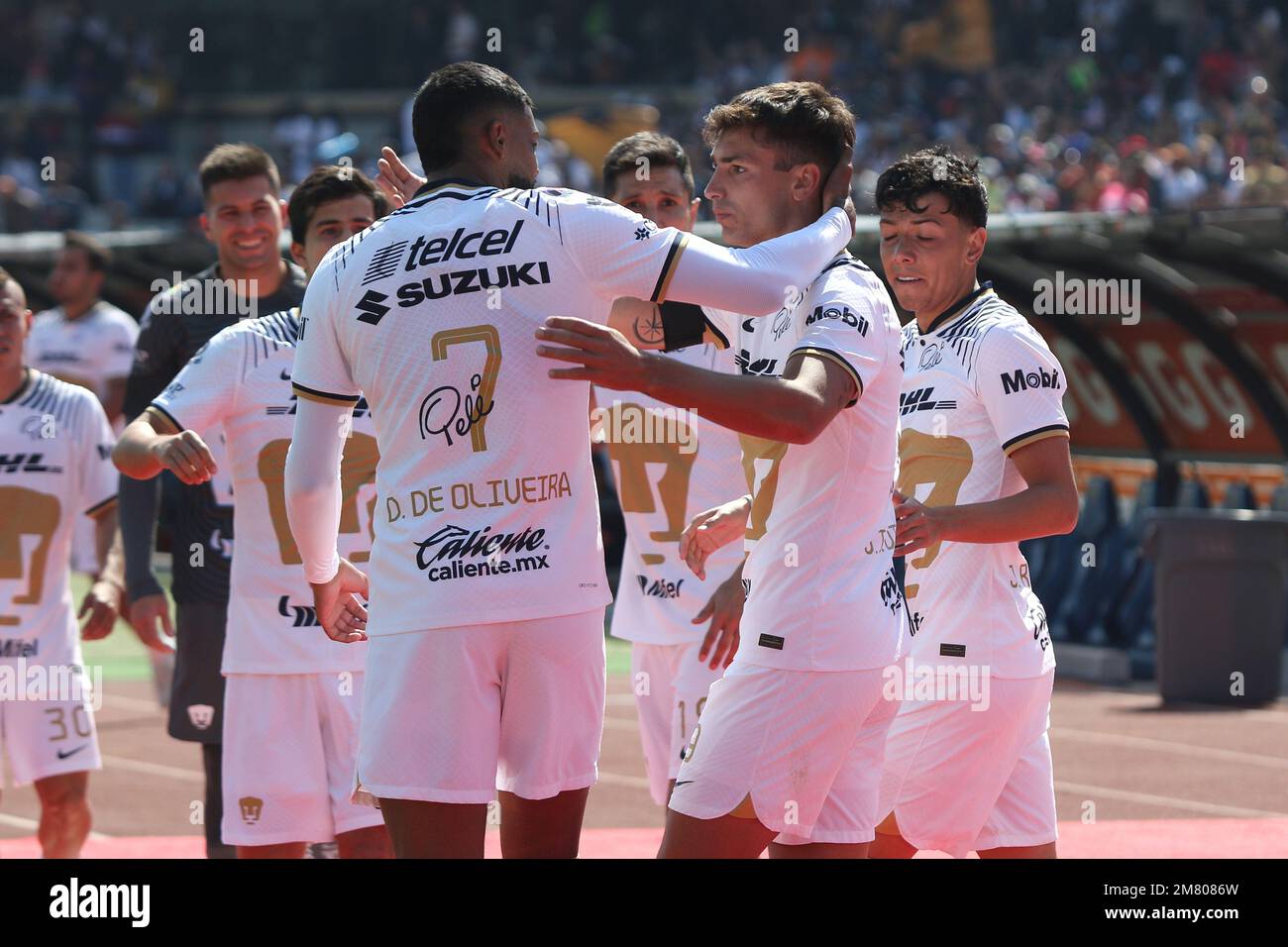 8 gennaio 2023, Città del Messico, Messico: Pumas festeggia il gol durante la partita di Pumas vs Juarez del torneo di chiusura 2023 della Lega MX allo Stadio Olimpico Universitario. Il 8 gennaio 2023 a Città del Messico. (Foto di Ismael Rosas/ Eyepix Group) Foto Stock