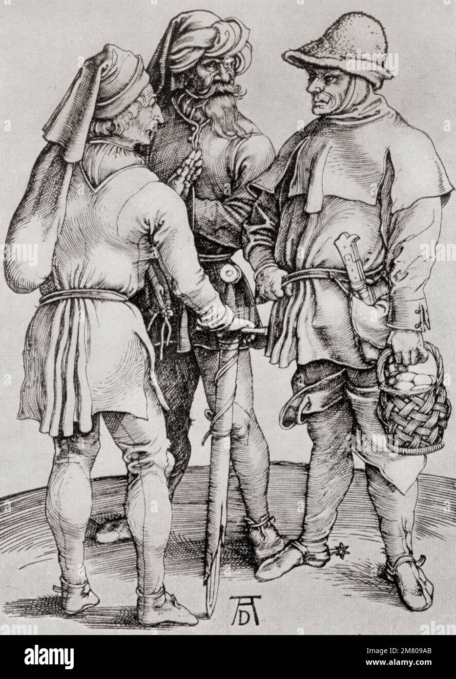 Tre contadini in conversazione, dopo il lavoro di Albrecht Dürer, 1471 – 1528, a volte scritto in inglese come Durer. Pittore tedesco, stampatore e teorico del Rinascimento tedesco. Da Albrecht Dürer, Sein Leben und eine Auswahl seiner Werke o la sua vita e una selezione delle sue opere, pubblicato nel 1928. Foto Stock