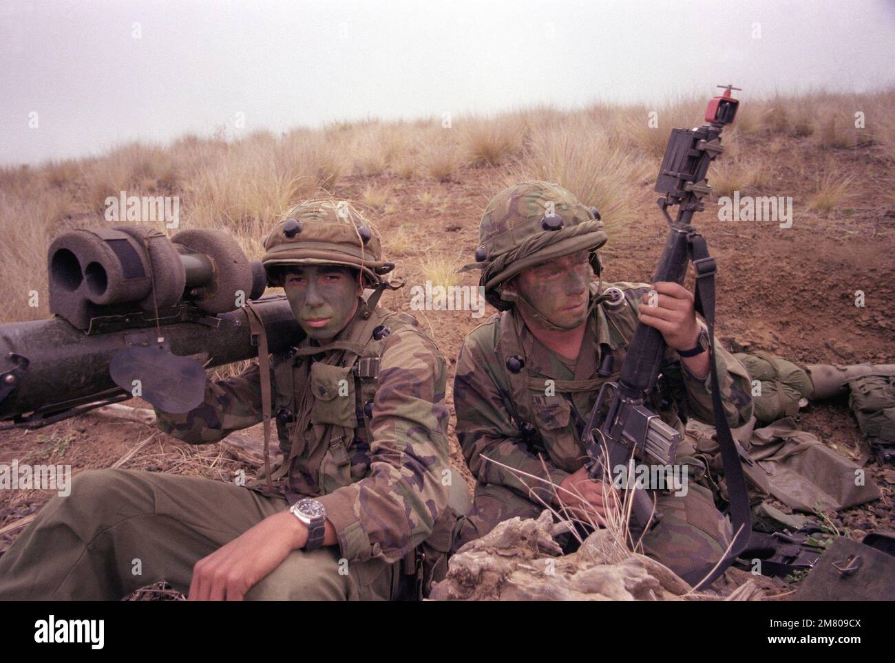 SPEC. 4 Michael Olague e PVT. Gregory Kent del 1st BN., 35th INF., 25th INF. Div., armato con il sistema di armi anticarro missilistico Dragon e MILES (Multiple Integrated laser Engagement System), osserva le forze opposte su Puu Maile durante i loro esercizi di allenamento annuali. Base: Pohakulua Training Area Stato: Hawaii (HI) Paese: Stati Uniti d'America (USA) Foto Stock