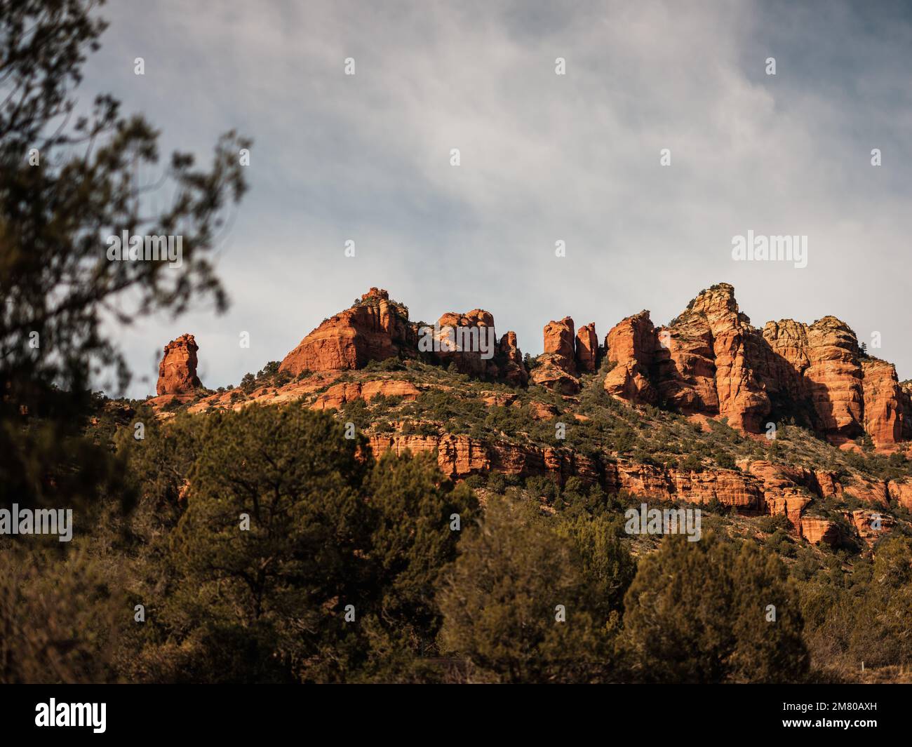 Sedona è una città desertica dell'Arizona, vicino a Flagstaff, nota per le sue rocce rocciose, le ripide pareti del canyon e le foreste di pini sempreverdi. Foto Stock