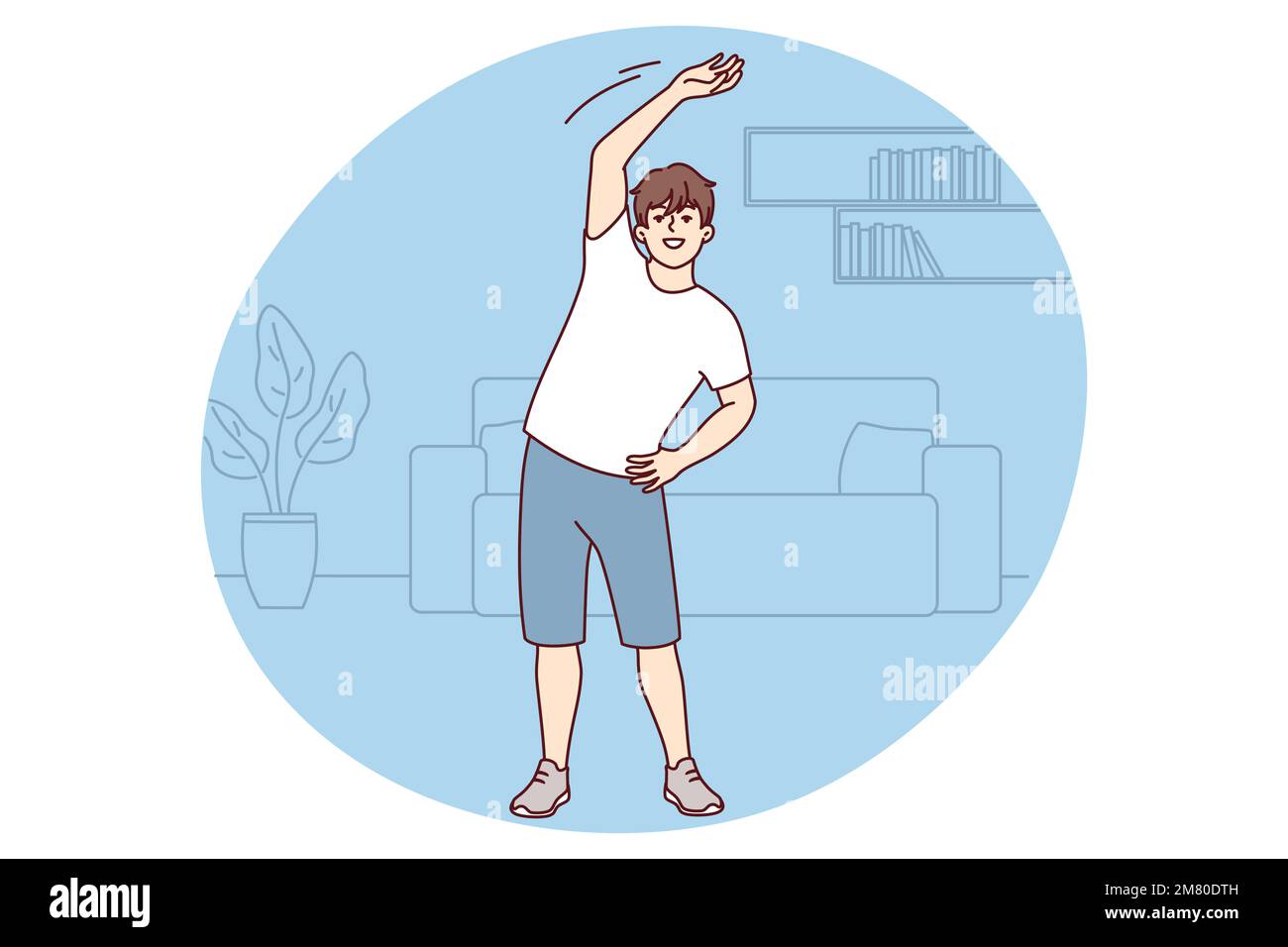 Il ragazzo giovane fa il riscaldamento mentre si trova in piedi all'interno della casa prima di fare jogging o sport. Uomo di età studentesca in pantaloncini corti e t-shirt conduce uno stile di vita sano facendo stretching al mattino. Immagine vettoriale piatta Illustrazione Vettoriale