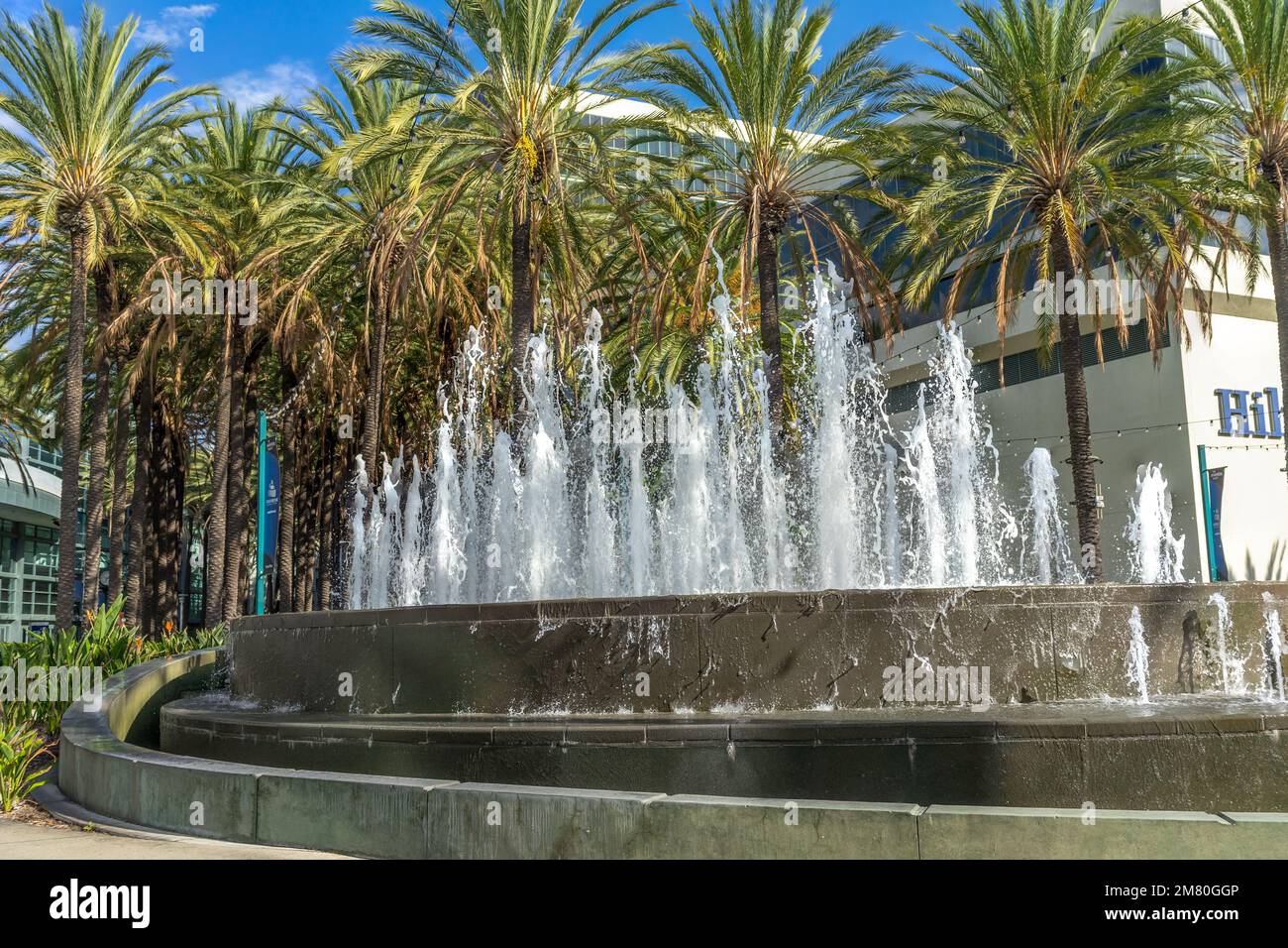 Anaheim, CA, USA – 1 novembre 2022: Fontana d'acqua e palme presso l'Anaheim Convention Center di Anaheim, California. Foto Stock