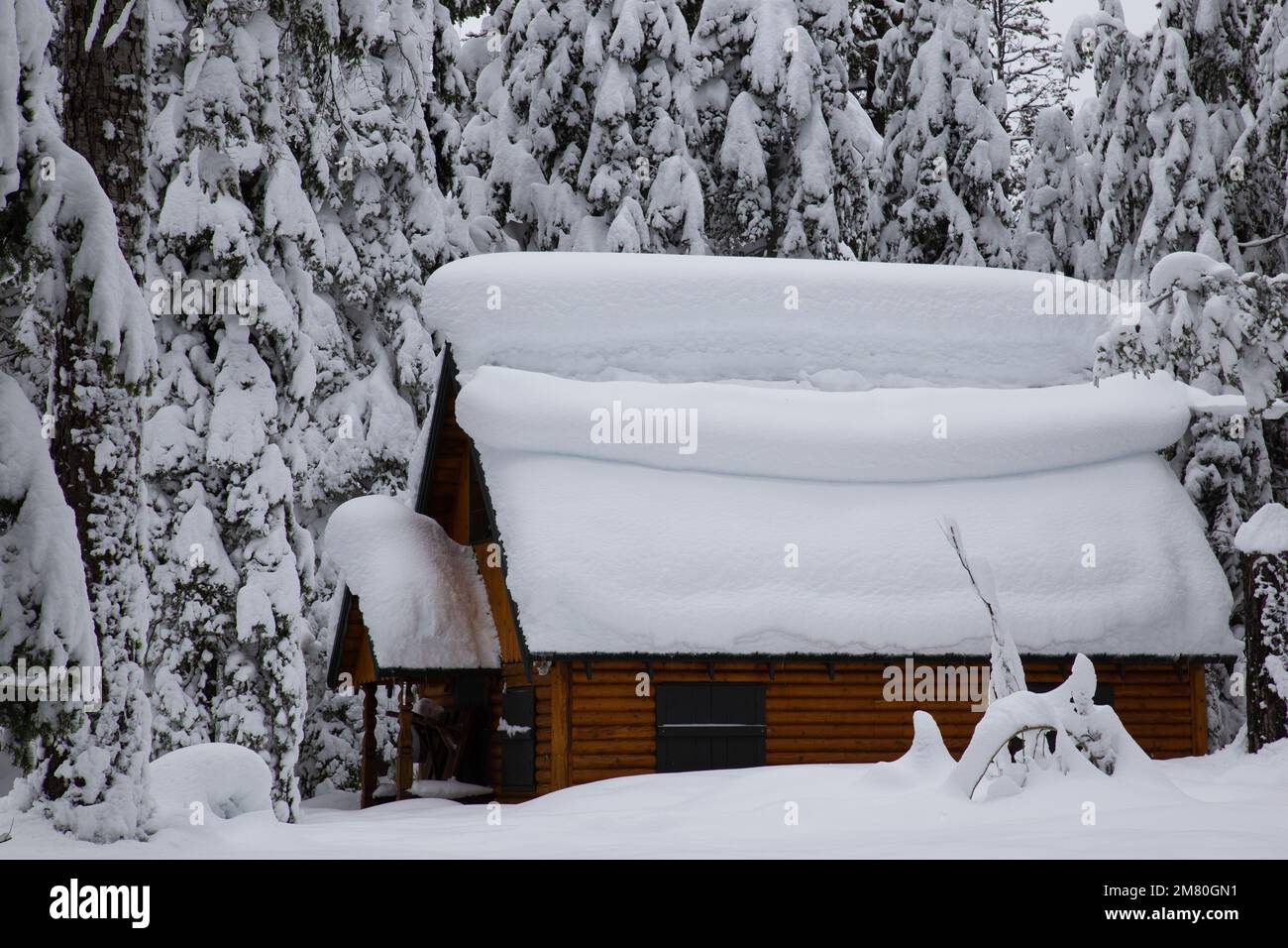 Cabina Snowy - Una cabina si siede con la neve accatastata sul tetto in inverno. Tahoe, California Foto Stock