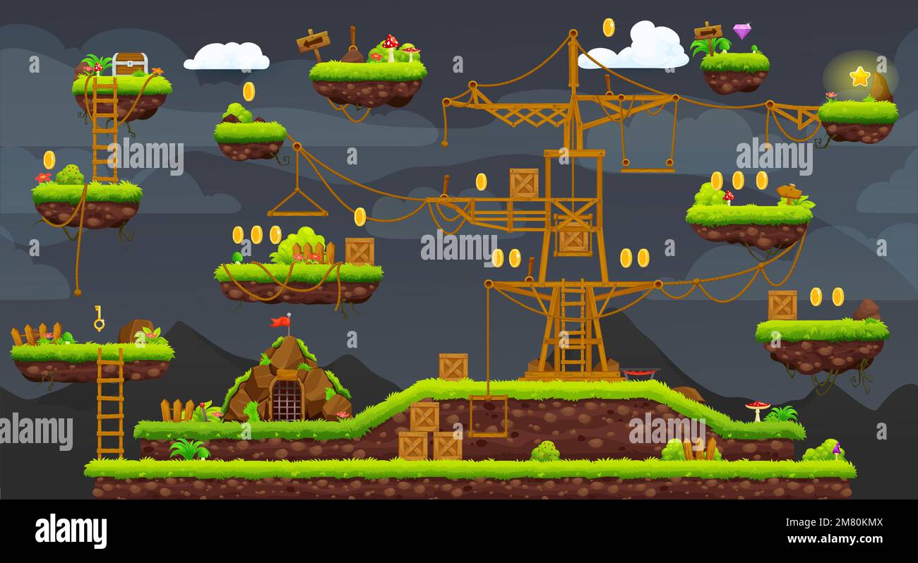 2d arcade gioco livello notte mappa interfaccia. Piattaforma, scale, monete, bonus e icone del tesoro. Paesaggio vettoriale con isole galleggianti con erba, corde e scale. Sfondo di videogiochi, mondo di avventura Illustrazione Vettoriale
