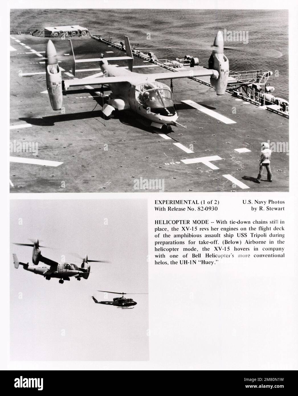 Nella foto in alto, l'aeromobile sperimentale XV-15 fa giri sui propri motori, con catene di ancoraggio ancora in posizione, sul ponte di volo della nave d'assalto anfibia USS TRIPOLI (LPH 10) durante i preparativi per il decollo. Nella fotografia in basso, il XV-15, aerotrasportato in elicottero, si trova in compagnia di uno degli elicotteri Iroquois UH-1N più convenzionali di Bell Helicopter. Paese: Oceano Pacifico (POC) Foto Stock