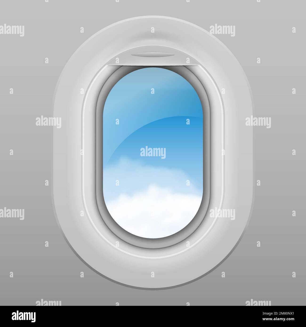 Finestra realistica di aeroplano. Cielo con nuvole bianche visto dall'interno di un aereo finestre. Illustrazione vettoriale. EPS 10. Illustrazione Vettoriale