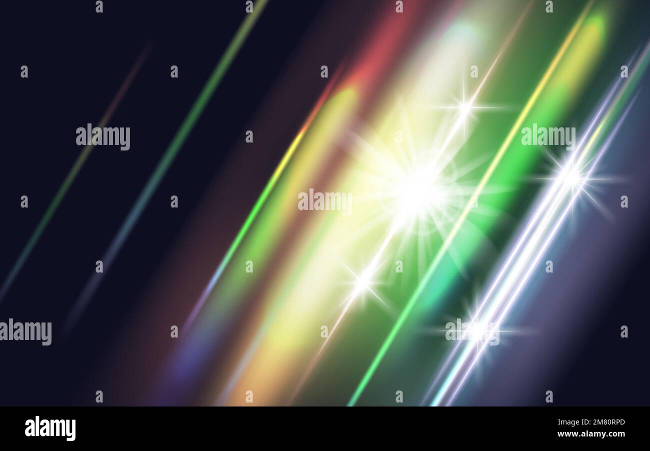 Riflesso di luce parassita del cristallo arcobaleno. Colorate luci ottiche arcobaleno con lenti a fascio di luce che si sovrappongono a strisce di perdita. Illustrazione vettoriale. EPS 10. Illustrazione Vettoriale