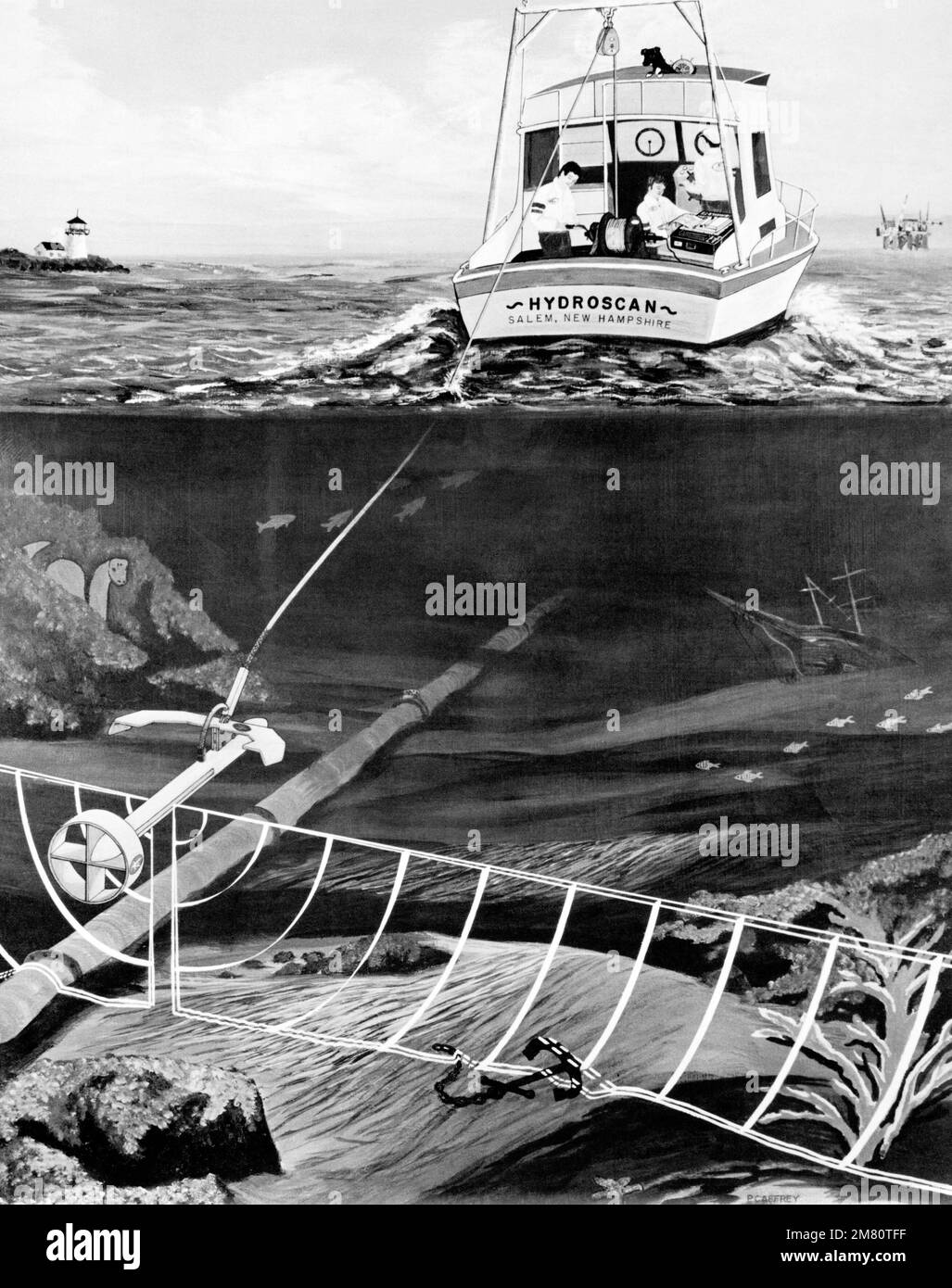 Il concetto di un artista di un sonar a scansione laterale 'Towfish' in funzione. Impiegato nelle operazioni di ricerca e recupero sottomarine, il 'Towfish' utilizza il sonar per creare un'immagine visiva del fondo marino su un monitor nell'imbarcazione a controllo di superficie. Paese: Sconosciuto Foto Stock