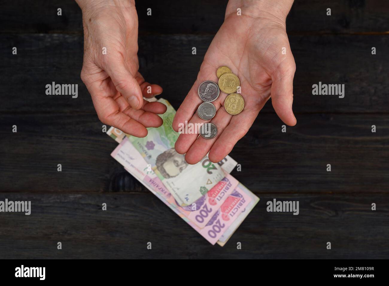 La donna considera l'hryvnia Ucraina. Un concetto che mostra l'economia Ucraina. Foto Stock