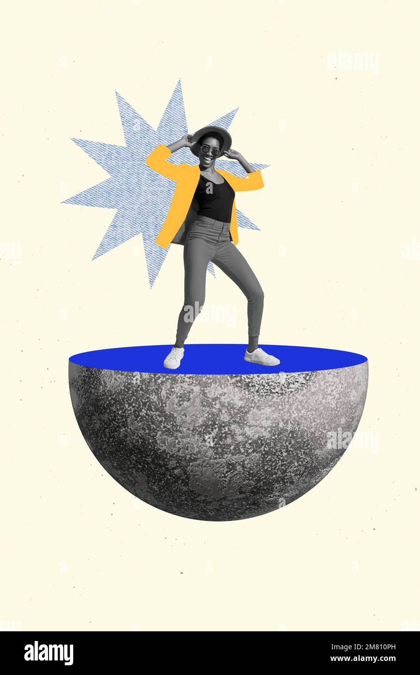 Verticale collage ritratto di poco positivo nero bianco gamma persona stand mezza luna grande danza isolato su sfondo disegno Foto Stock