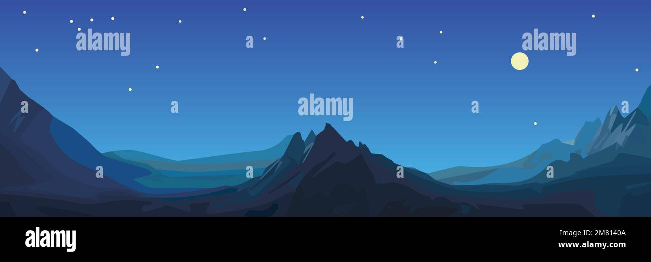 Viste panoramiche vettoriali raffigurazione di un bellissimo paesaggio di montagna blu scuro con cielo. Notte con luna e stelle in montagna. Illustrazione Vettoriale