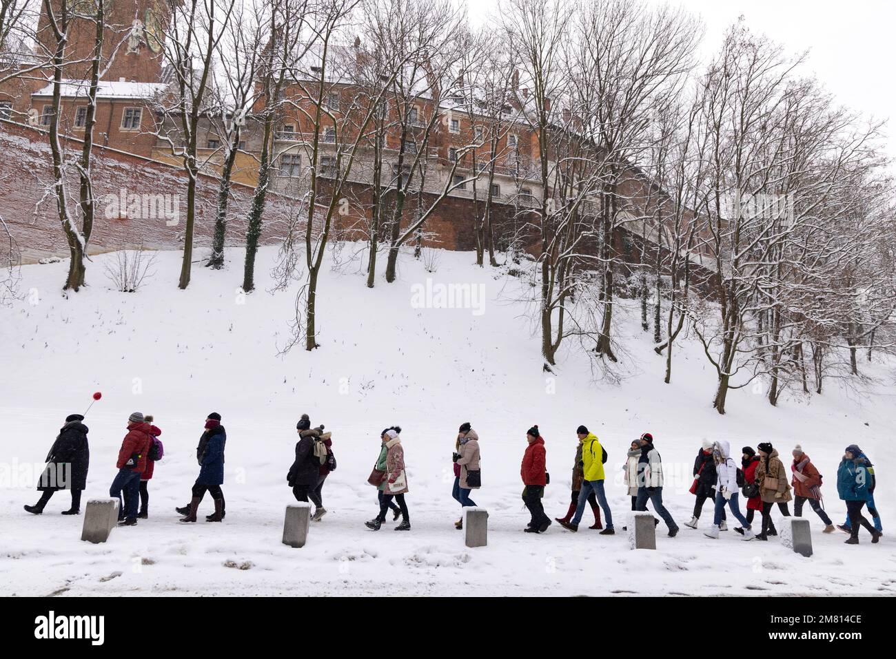 Tour guidato di Cracovia - una guida turistica con bandiera che conduce un gruppo di persone che camminano in fila nella neve invernale, il Castello di Wawel, la Città Vecchia di Cracovia, Cracovia Polonia Foto Stock