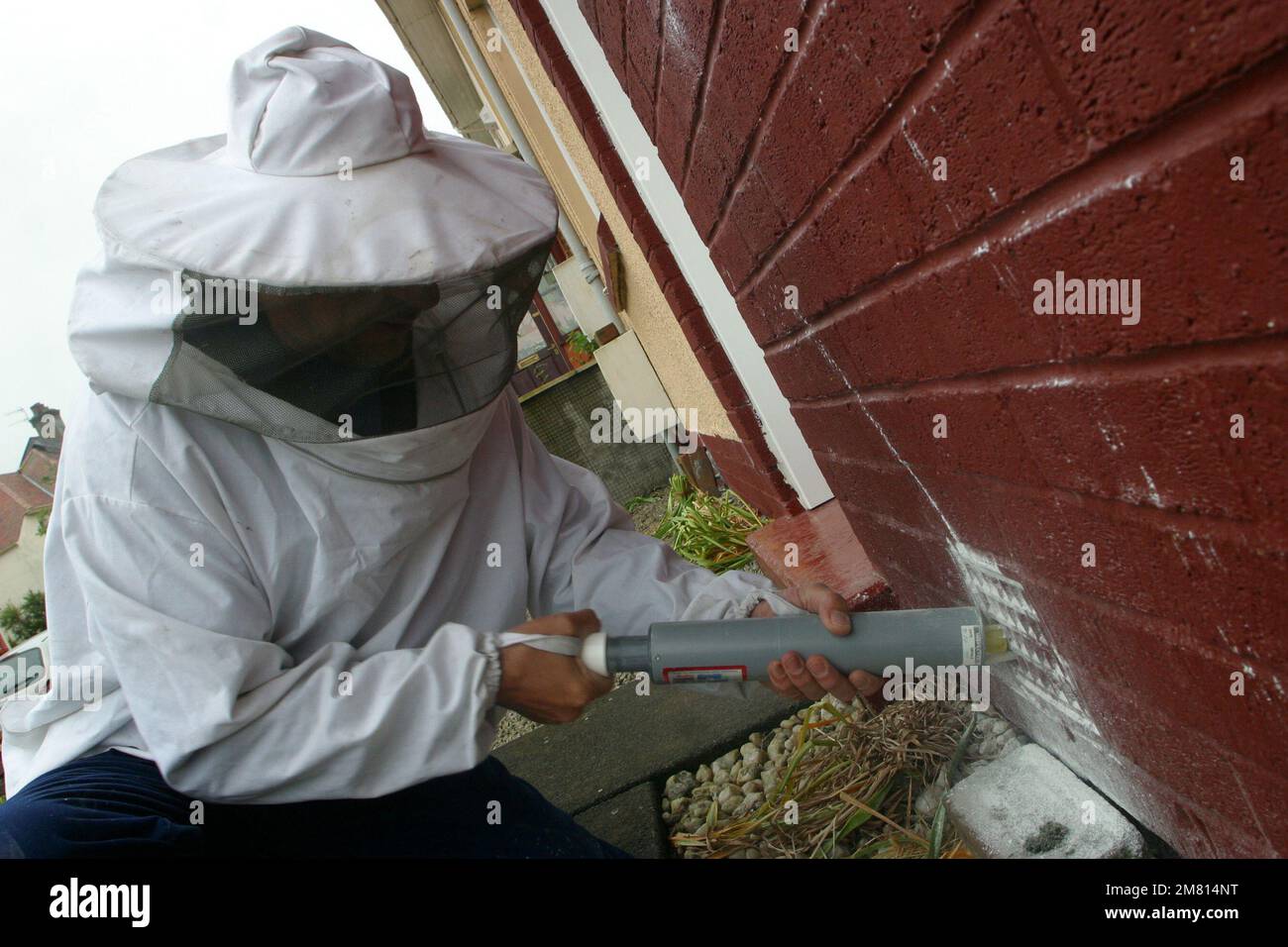 Uomo maschio in tuta di abbigliamento protettivo e testa utilizzando un  puffer per soffiare polvere in un mattone di ventilazione per sbarazzare  proprietà di parassiti. Indossare abiti speciali per proteggersi da api