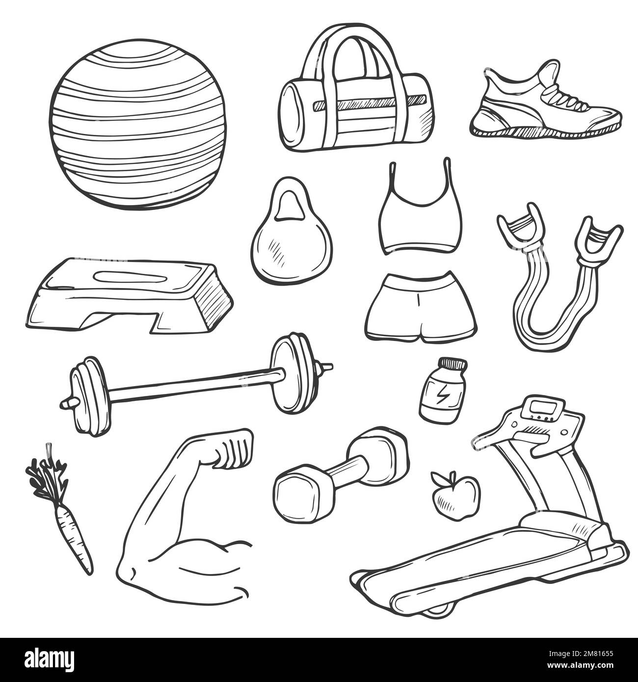 Set di doodles per il fitness. Attrezzature sportive, macchine ginniche e accessori per l'allenamento. Illustrazione Vettoriale