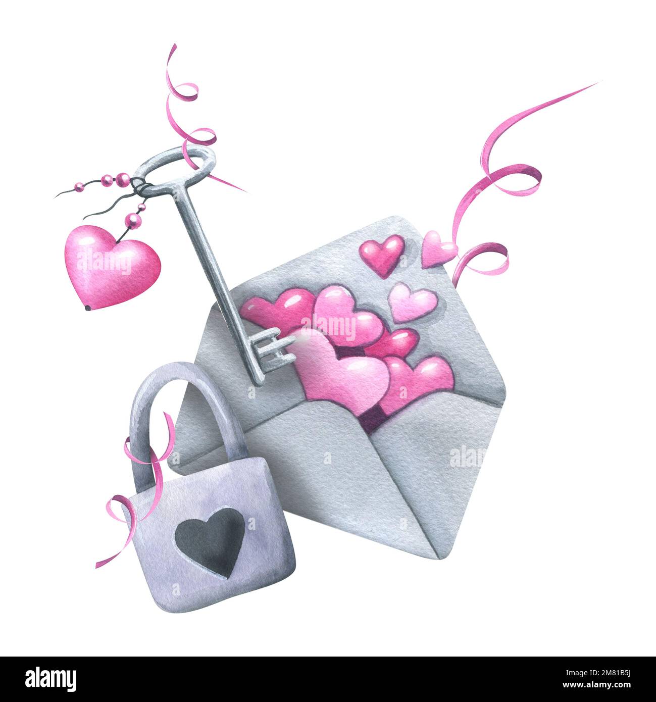 Una busta di carta grigia con cuori e nastri rosa, una serratura e tasti. Illustrazione acquerello. Composizione della collezione DI SAN VALENTINO. Per Foto Stock