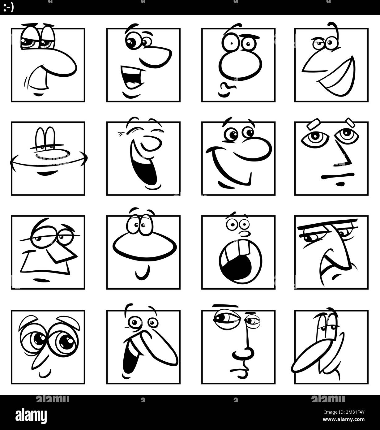 Cartoni animati in bianco e nero che raffigura volti divertenti di fumetti ed emozioni Illustrazione Vettoriale