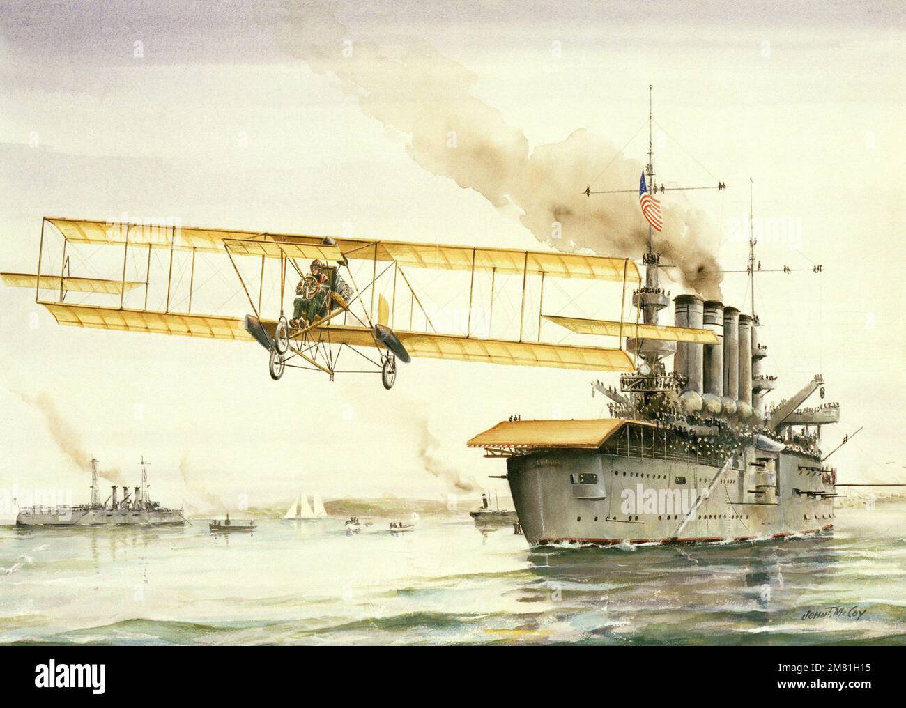 Illustrazione: 'Eugene Ely decollo dalla USS PENNSYLVANIA - 18 luglio 1911'. Artista: John McCoy. US Air Force Art Collection. Paese: Sconosciuto Foto Stock