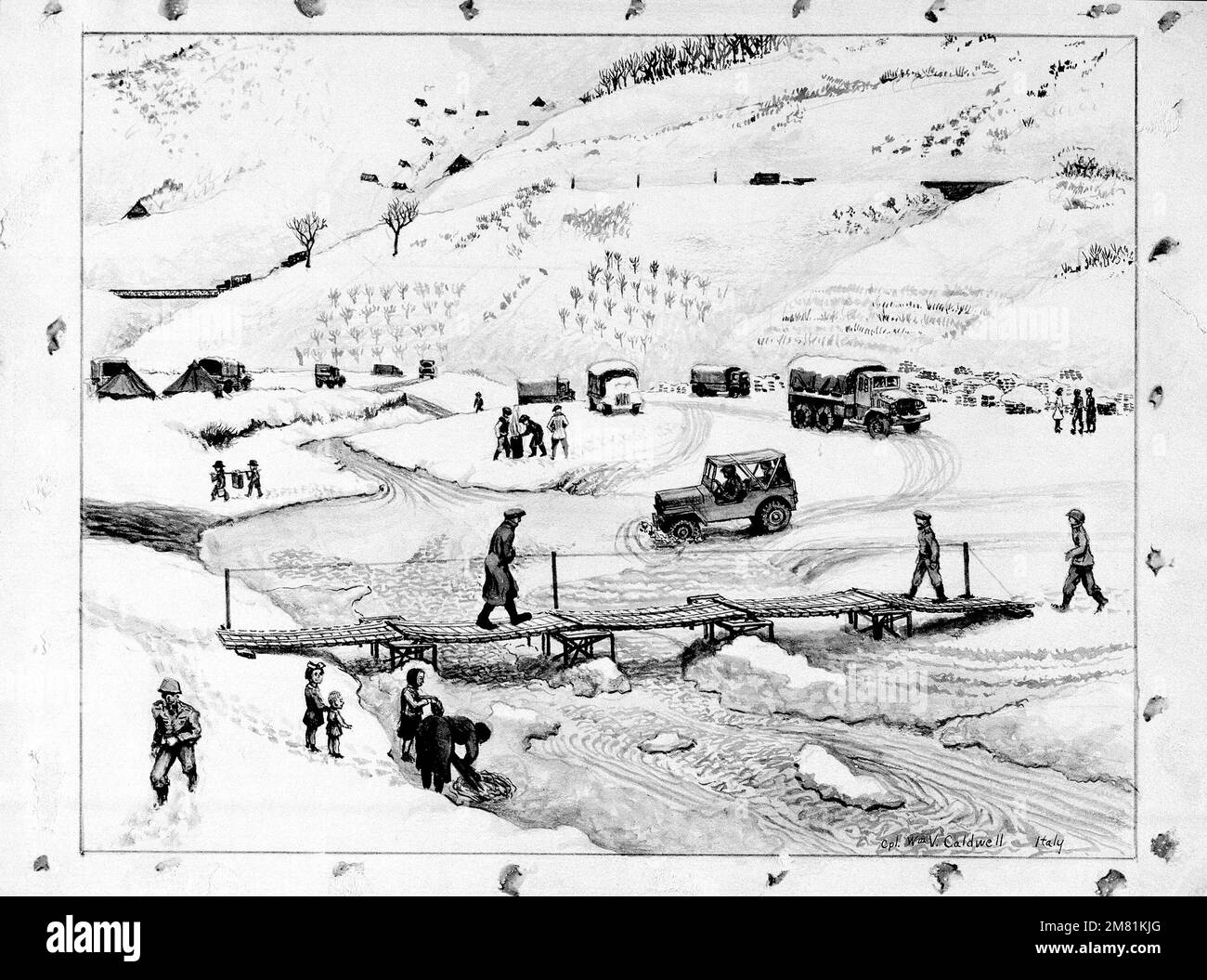 Illustrazione: 'Il Duca di Wellingtons, il 337th e i Paesans', Torrente Sillaro, Italia, Wash, 11' X 12-3/4'. Artista: William V. Caldwell. Numero di catalogo: D.15.18.46. US Army Art Collection. Paese: Sconosciuto Foto Stock