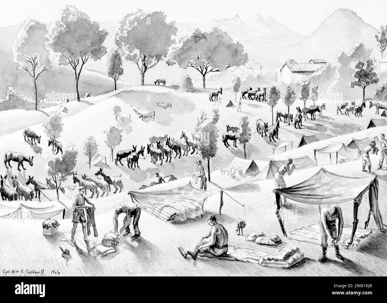 Illustrazione: 'Mattina (20 miglio da Bologna)', Italia, 1945, lavaggio, 11' X 13-5/8'. Artista: William V. Caldwell. Numero di catalogo: D.15.33.46. US Army Art Collection. Paese: Sconosciuto Foto Stock