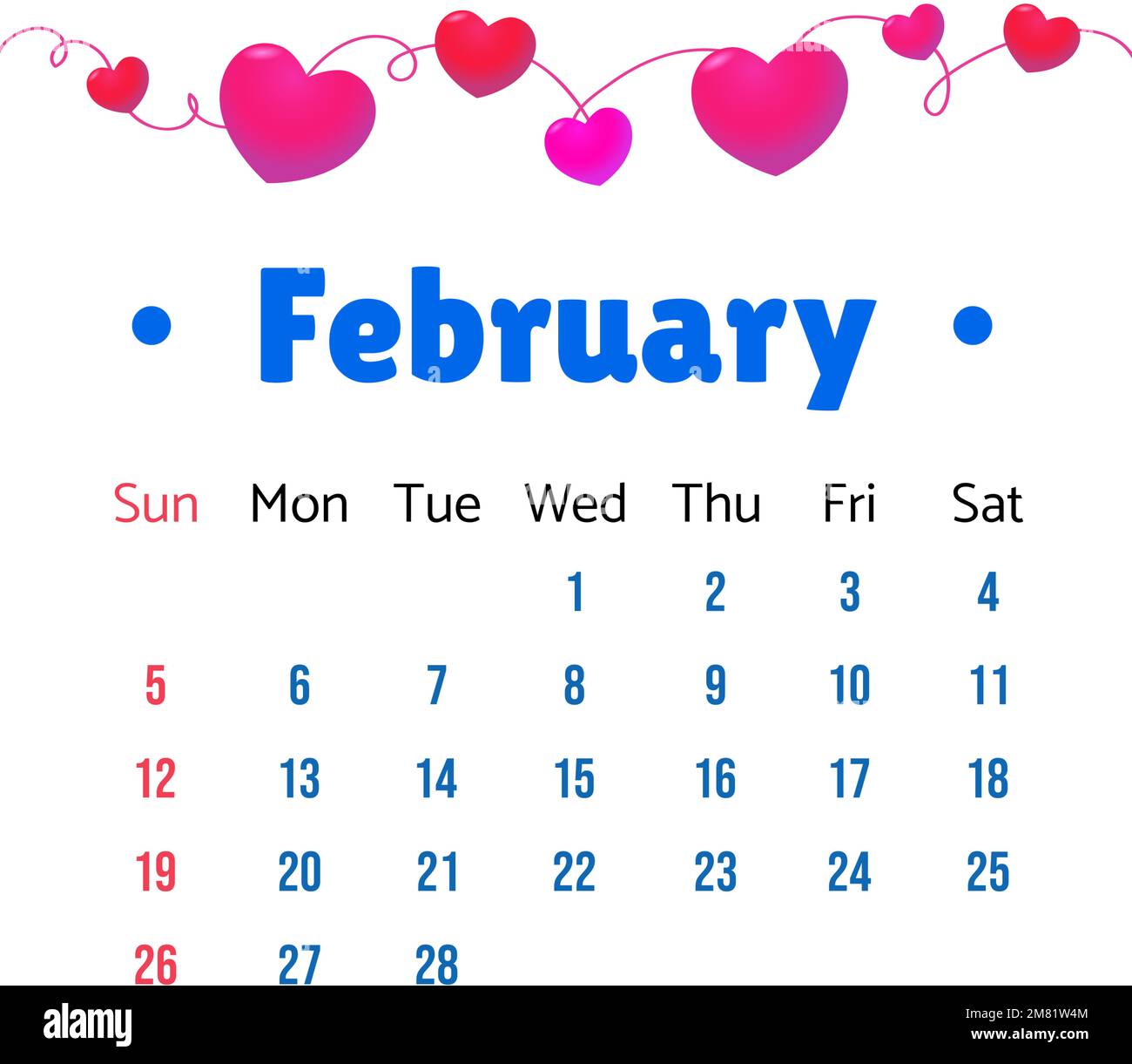 Febbraio 2023 Calendario. Febbraio 2023 Calendario illustrazione vettoriale con cuori carini. Modello vettoriale calendario, design semplice e minimo. Calendario Templat Illustrazione Vettoriale