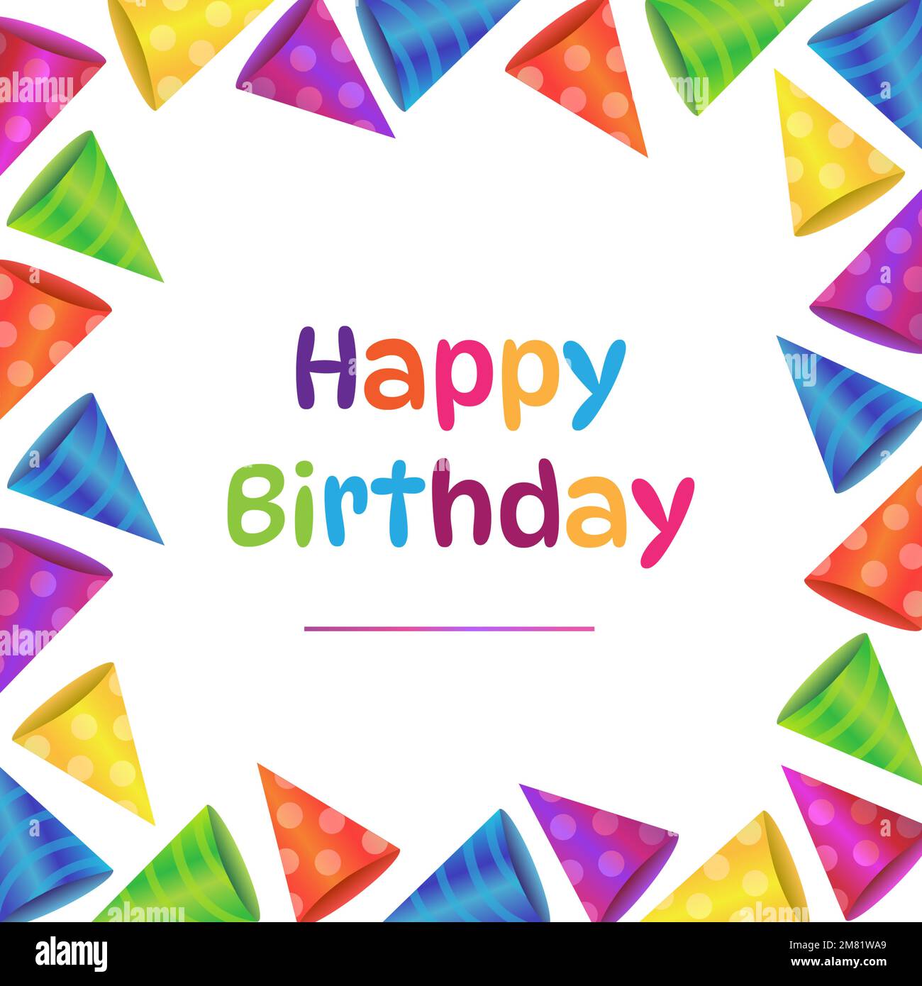 Sfondo colorato Happy Birthday o Party con cappelli Birthday su sfondo bianco. Vista superiore con spazio di copia. Illustrazione Vettoriale