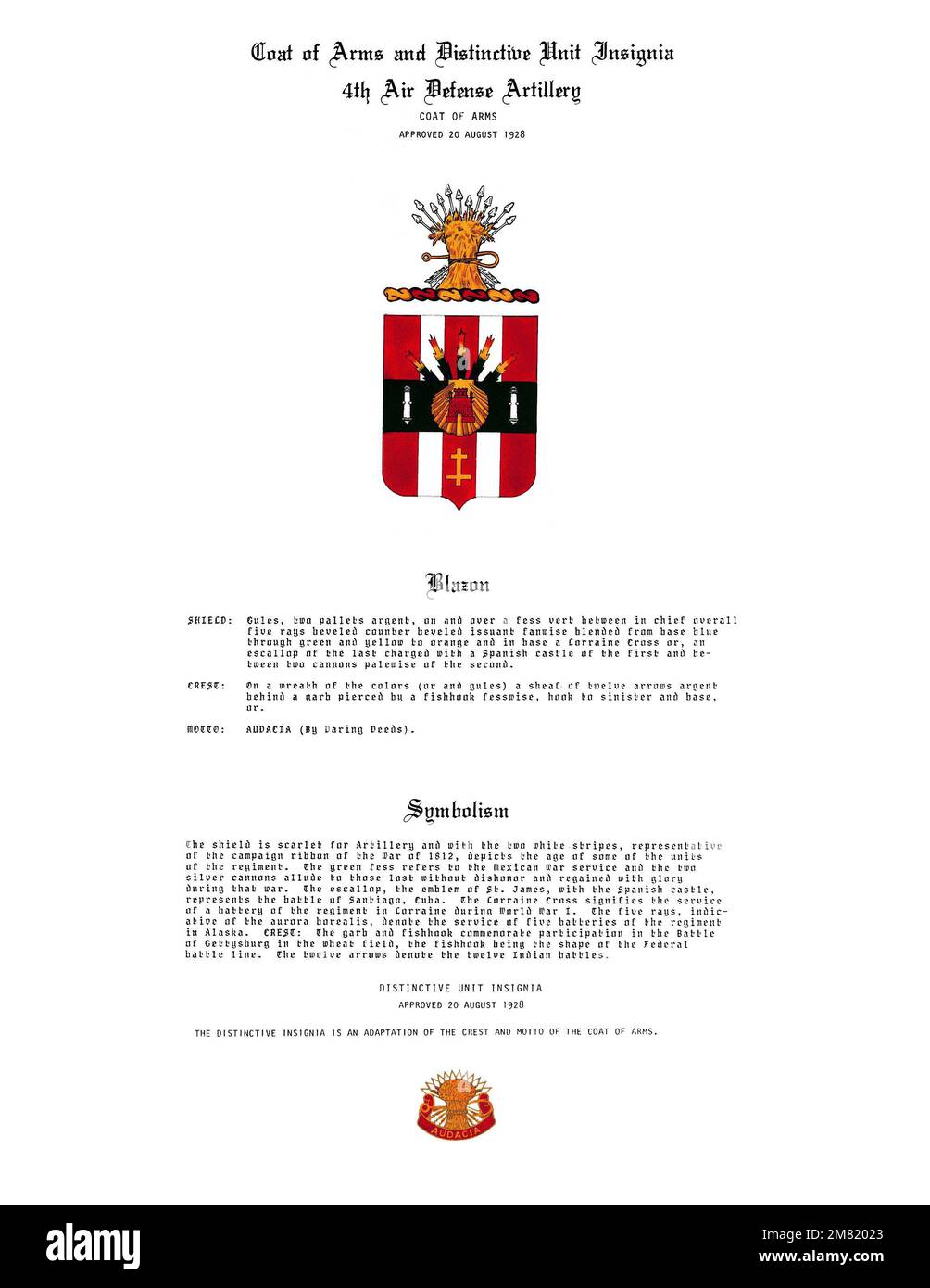 Insegna approvata per: 4th Air Defense Artillery Regiment. Paese: Sconosciuto Foto Stock