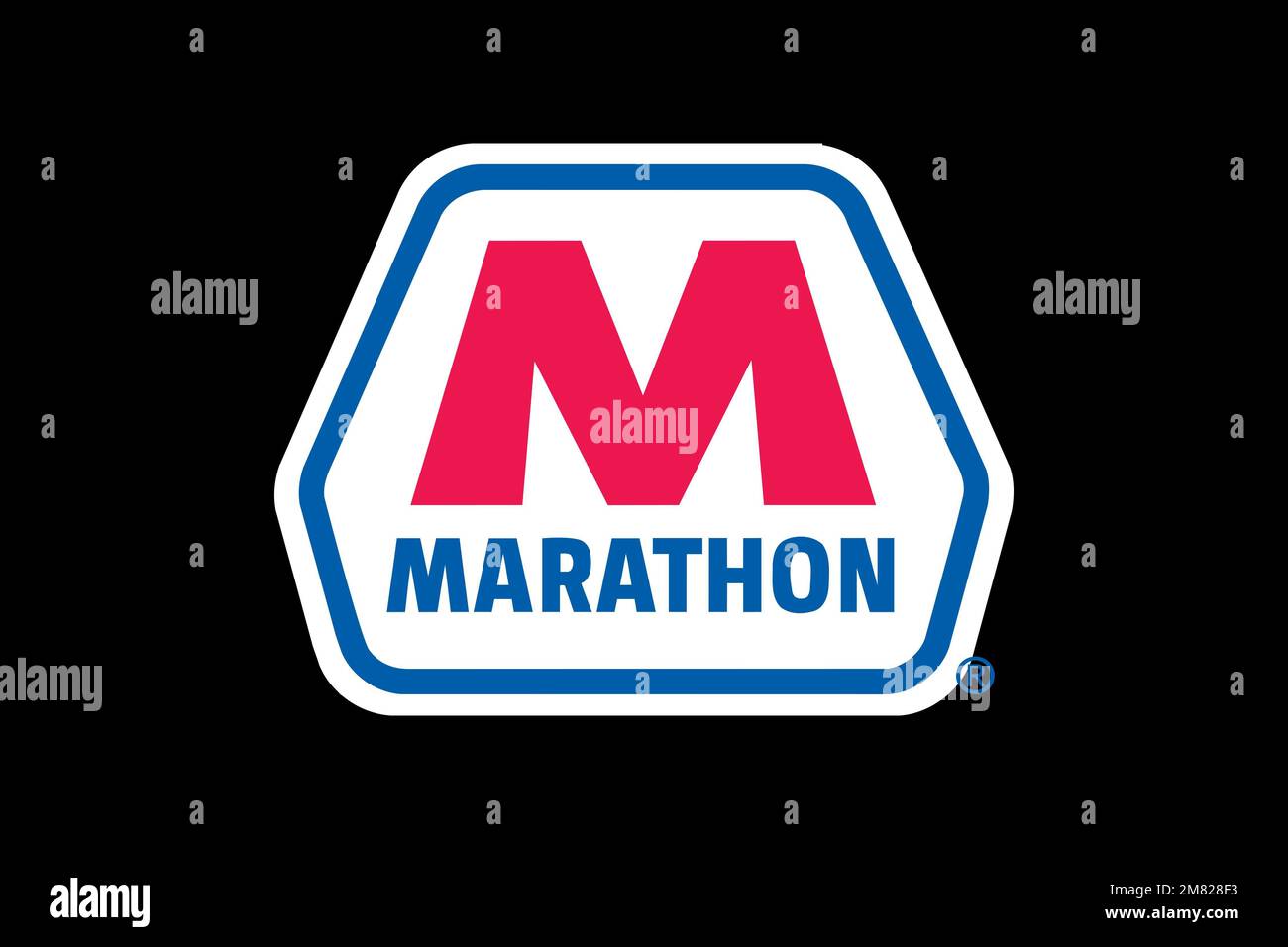 Compagnia petrolifera Marathon, logo, sfondo nero Foto Stock