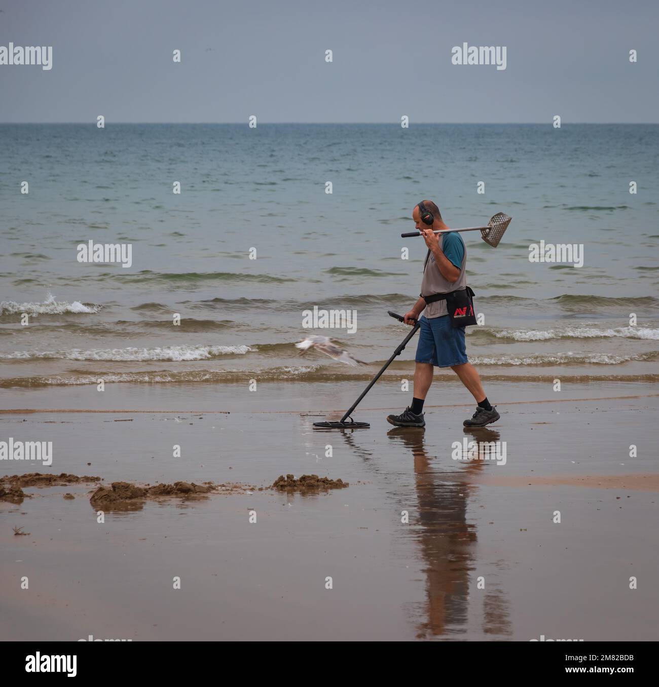 Uomo pulizia spiaggia con dispositivo elettronico spiaggia e sabbia strumento di pulizia a Bournemouth Inghilterra Foto Stock