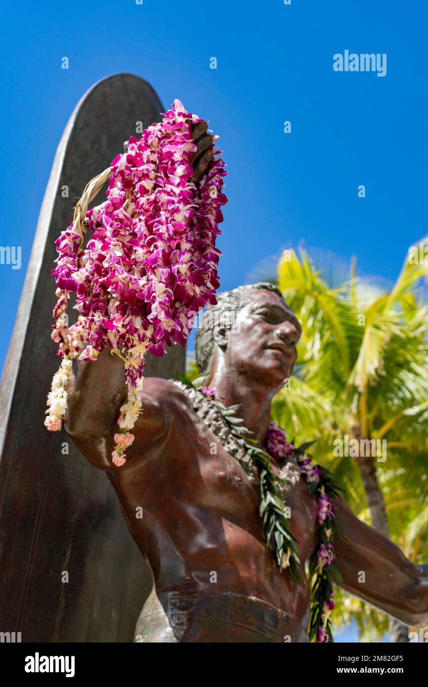Statua iconica del Duca Kahanamoku, Ohahu, Hawaii Foto Stock