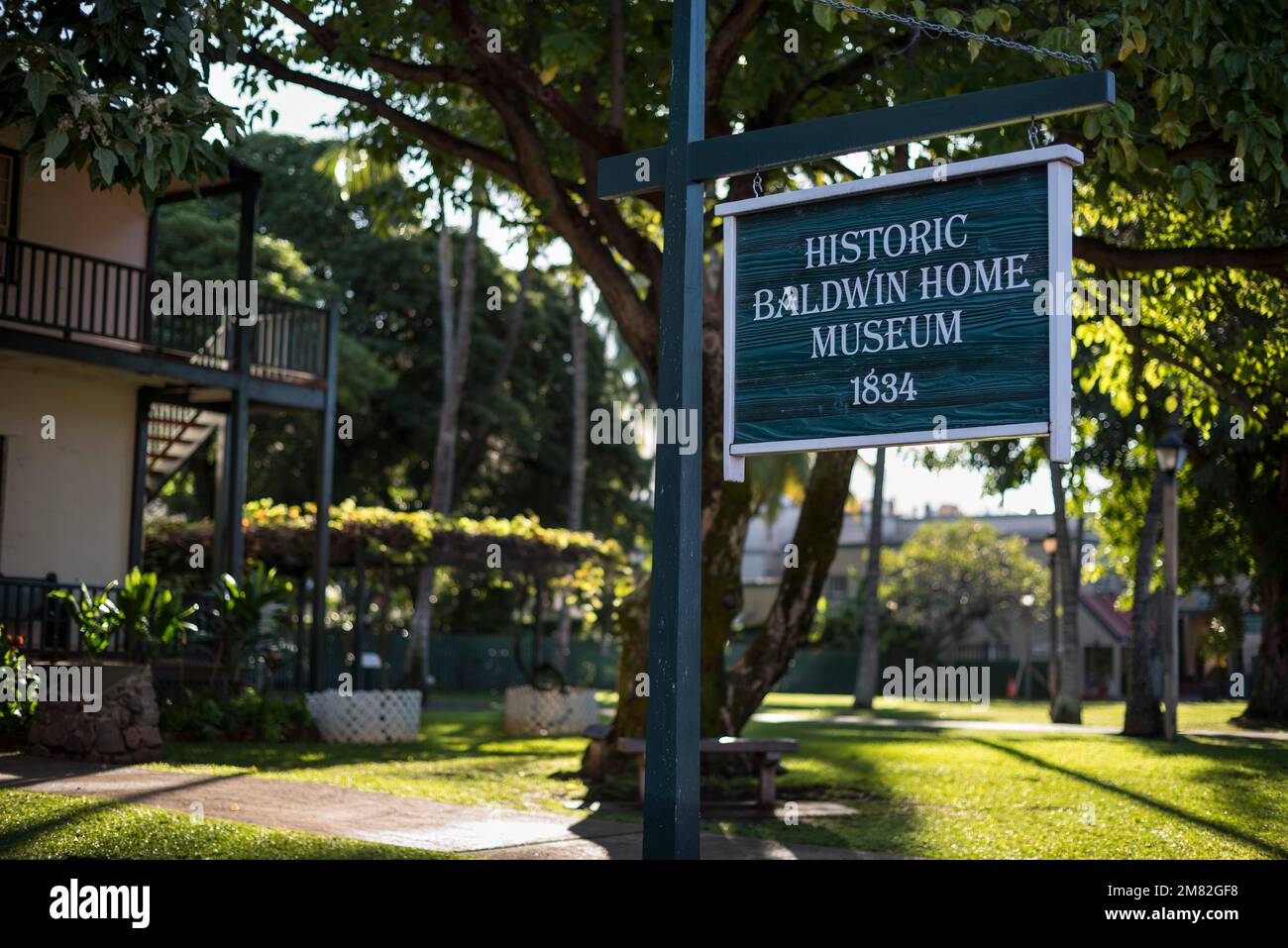 Storico Baldwin Home Museum segno a Lahaina Town, Maui, Hawaii Foto Stock