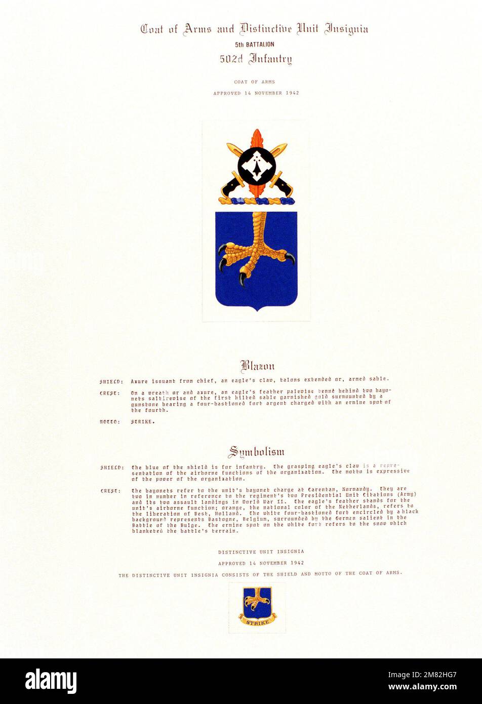 Stemma e Insignia per: 502nd reggimento fanteria, 5th battaglione. Paese: Sconosciuto Foto Stock