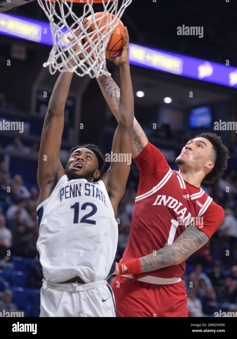 Penn State's Evan Mahaffey (12) has his shot blocked from behind by