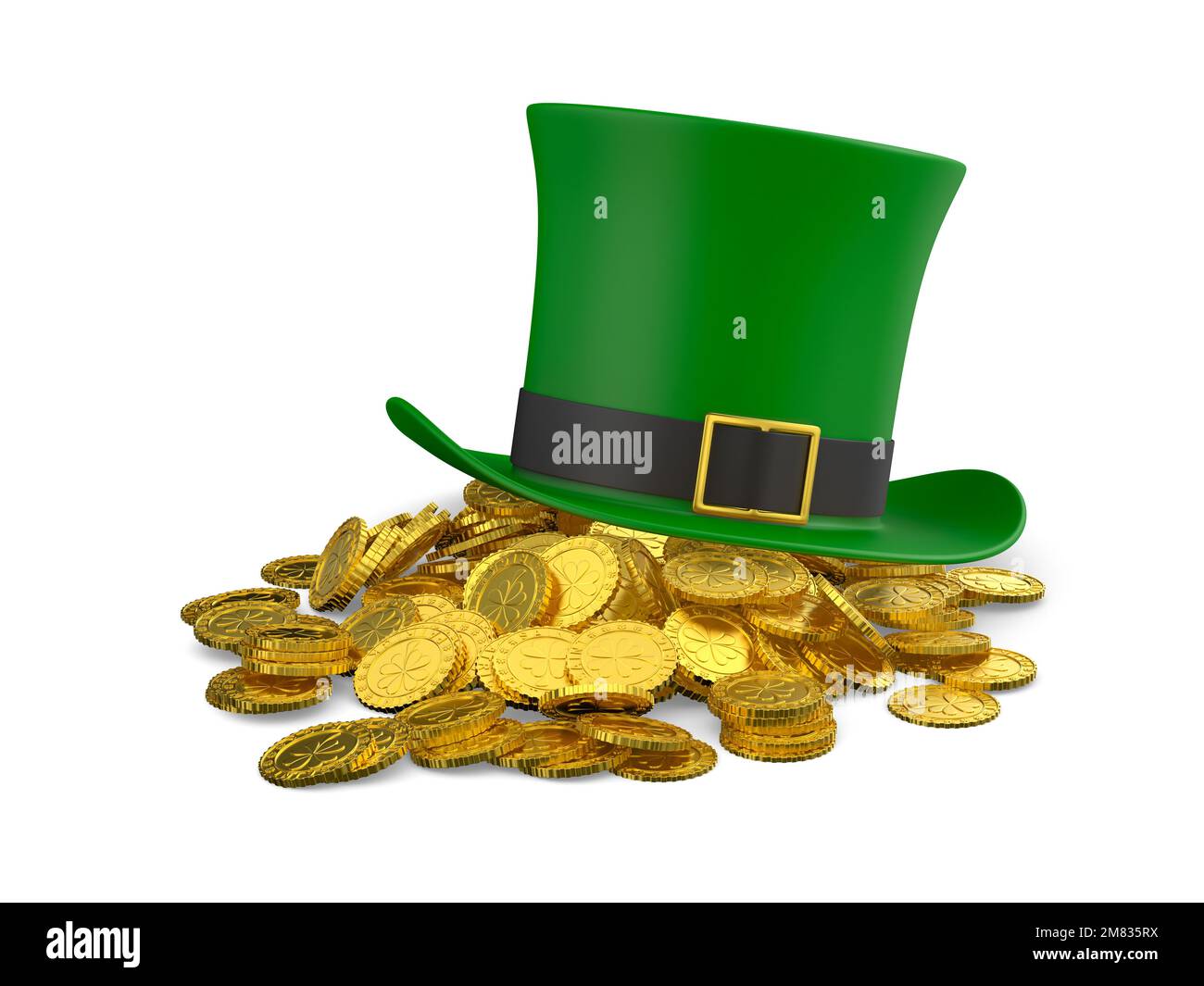 Giorno di San Patrizio. Cappello verde con soldi su sfondo bianco. Illustrazione 3D isolata Foto Stock