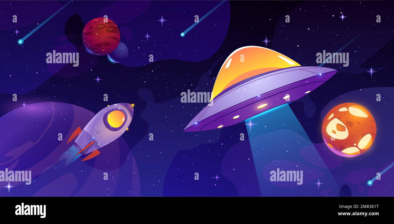 Razzo cartoon e UFO alieno che volano nello spazio esterno. Illustrazione vettoriale di navicella spaziale, stelle, meteore, pianeti, comete cadenti con sentieri nel cielo notturno scuro. Sfondo del gioco di esplorazione della galassia cosmica Illustrazione Vettoriale