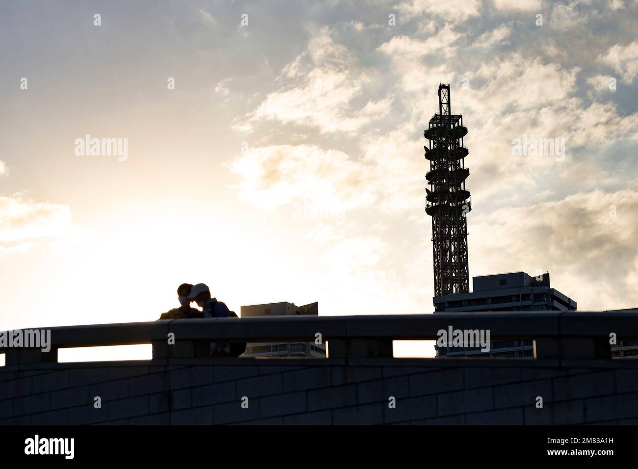 Yokohama, Kanagawa, Giappone. 5th Nov 2022. Amici su un ponte nel Parco Rinko lungo la Baia di Tokyo. Il Parco Akarenga (èµ¤ã‚Œã‚ ãŒå…¬åœ) è un parco pubblico a Yokohama, Giappone. Si trova nel quartiere Minato Mirai 21, ed è noto per i suoi iconici magazzini in mattoni rossi, che sono stati ridefiniti come negozi, ristoranti e luoghi per eventi. I visitatori possono praticare una varietà di attività, tra cui piacevoli passeggiate, gite in barca sul vicino molo di Osanbashi ed eventi stagionali durante tutto l'anno. Il parco ospita anche il Museo delle bambole di Yokohama, che espone bambole giapponesi e vari tipi di tradizione Foto Stock