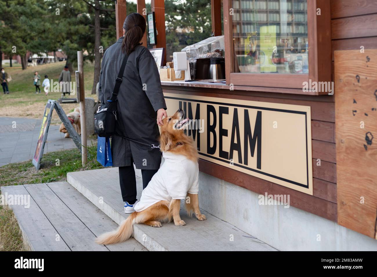 Yokohama, Kanagawa, Giappone. 5th Nov 2022. Una donna che ordina cibo con il suo cane da un punto di concessione nel Parco Akarenga. Il Parco Akarenga (èµ¤ã‚Œã‚“ãŒå…¬åœ”) è un parco pubblico a Yokohama, Giappone. Si trova nel quartiere Minato Mirai 21, ed è noto per i suoi iconici magazzini in mattoni rossi, che sono stati ridefiniti come negozi, ristoranti e luoghi per eventi. I visitatori possono praticare una varietà di attività, tra cui piacevoli passeggiate, gite in barca sul vicino molo di Osanbashi ed eventi stagionali durante tutto l'anno. Il parco ospita anche il Museo delle bambole di Yokohama, che espone bambole giapponesi e vari ki Foto Stock