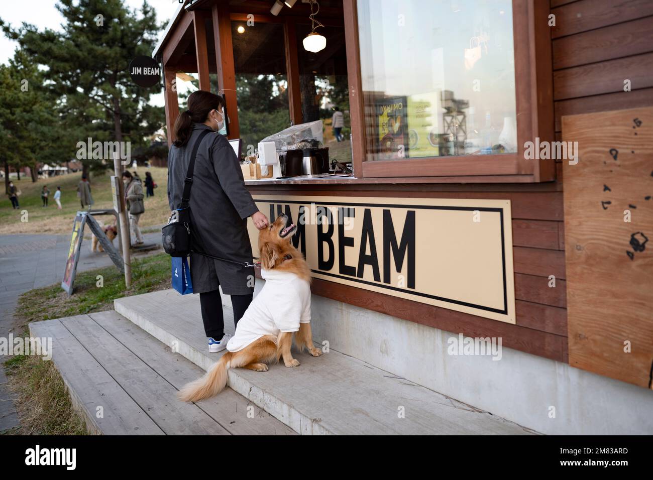 Yokohama, Kanagawa, Giappone. 5th Nov 2022. Una donna che ordina cibo con il suo cane da un punto di concessione nel Parco Akarenga. Il Parco Akarenga (èµ¤ã‚Œã‚“ãŒå…¬åœ”) è un parco pubblico a Yokohama, Giappone. Si trova nel quartiere Minato Mirai 21, ed è noto per i suoi iconici magazzini in mattoni rossi, che sono stati ridefiniti come negozi, ristoranti e luoghi per eventi. I visitatori possono praticare una varietà di attività, tra cui piacevoli passeggiate, gite in barca sul vicino molo di Osanbashi ed eventi stagionali durante tutto l'anno. Il parco ospita anche il Museo delle bambole di Yokohama, che espone bambole giapponesi e vari ki Foto Stock