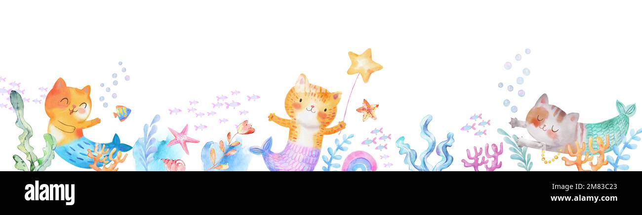 Banner orizzontale con carino acquerello gatto-sirena Purr-maid. Fondo fata subacqueo con pesce sirena e piante marine Foto Stock