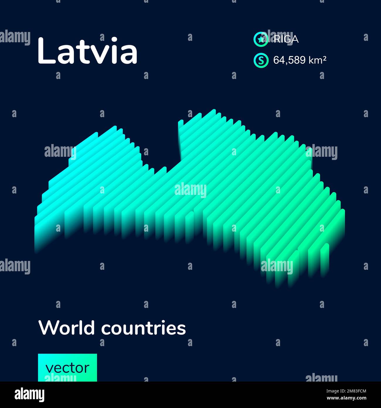mappa della Lettonia isometrica al neon vettoriale 3D in colori turchesi su sfondo blu scuro. Icona della mappa stilizzata della Lettonia. Elemento infografico Illustrazione Vettoriale