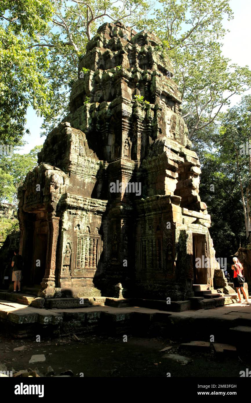 Turisti che esplorano un santuario a Ta Prohm complesso tempio a Siem Reap, Cambogia, in questa foto d'archivio. L'anno scorso (2022), Angkor ha accolto 287.454 turisti internazionali, guadagnando 11,5 milioni di dollari USA dalle vendite di biglietti, secondo lo stato di proprietà Angkor Enterprise in un comunicato stampa citato da Xinhua il 5 gennaio 2023. "Attualmente, Angkor attrae tra 1.800 e 2.000 visitatori stranieri al giorno, un aumento significativo da soli 70 al giorno durante la pandemia nel 2020 e 2021", ha affermato il Segretario di Stato del Ministero del Turismo cambogiano, Top Sopheak. Foto Stock