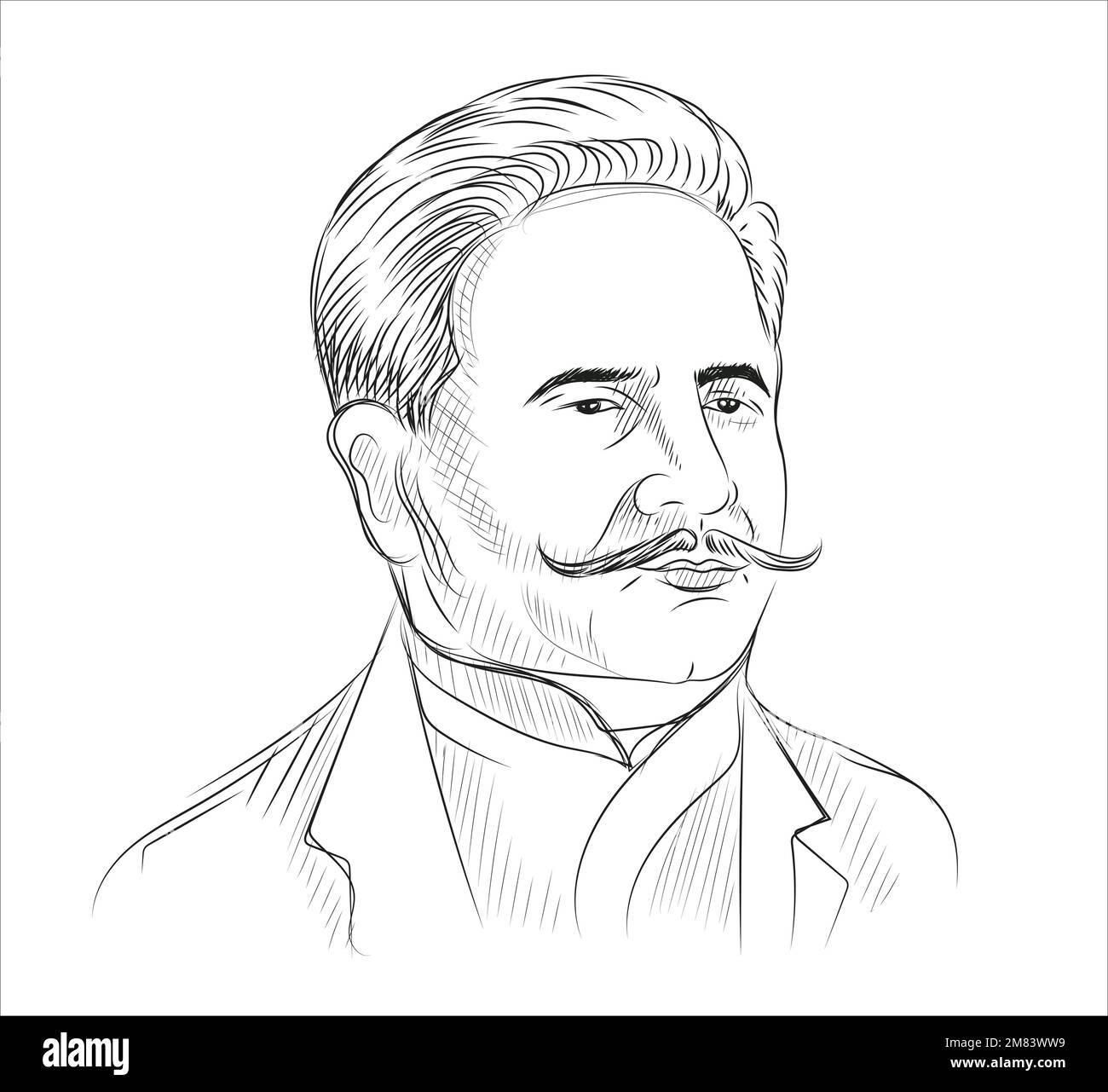 Disegno a mano Allama Iqbal, illustrazione vettoriale del poeta pakistano Illustrazione Vettoriale