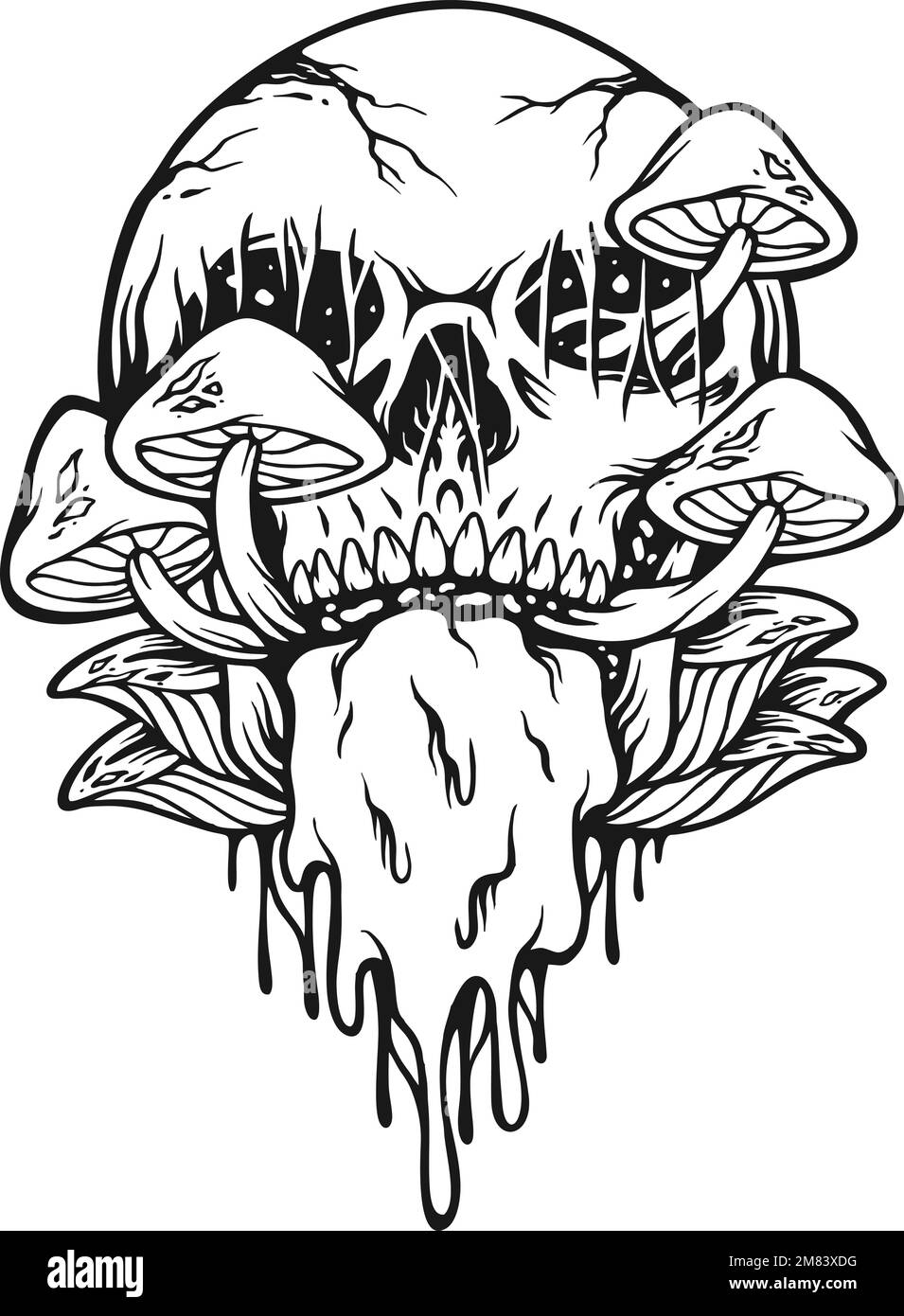 Psichedelico orrore magici funghi testa cranio delineare illustrazioni vettoriali per il tuo logo di lavoro, t-shirt merchandise, adesivi e disegni di etichette, poster Illustrazione Vettoriale