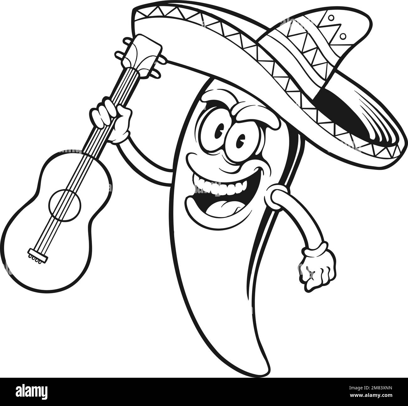 Cute cinco de mayo peperoncino messicano che gioca chitarra monocromatico vettore illustrazioni per il vostro logo di lavoro, merchandise t-shirt, adesivi ed etichetta Illustrazione Vettoriale