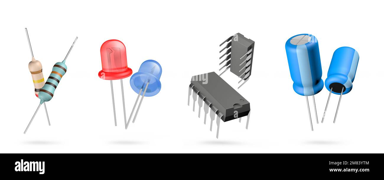 3d illustrazione dei componenti elettronici su sfondo bianco isolato. Resistore, LED, circuito integrato e condensatore. Foto Stock