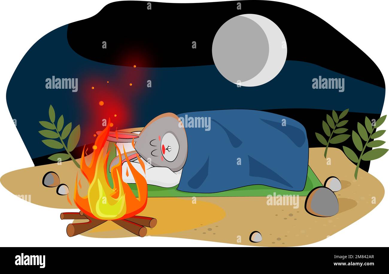 Il grazioso coniglietto dorme accanto al fuoco e ammira il cielo stellato Illustrazione Vettoriale