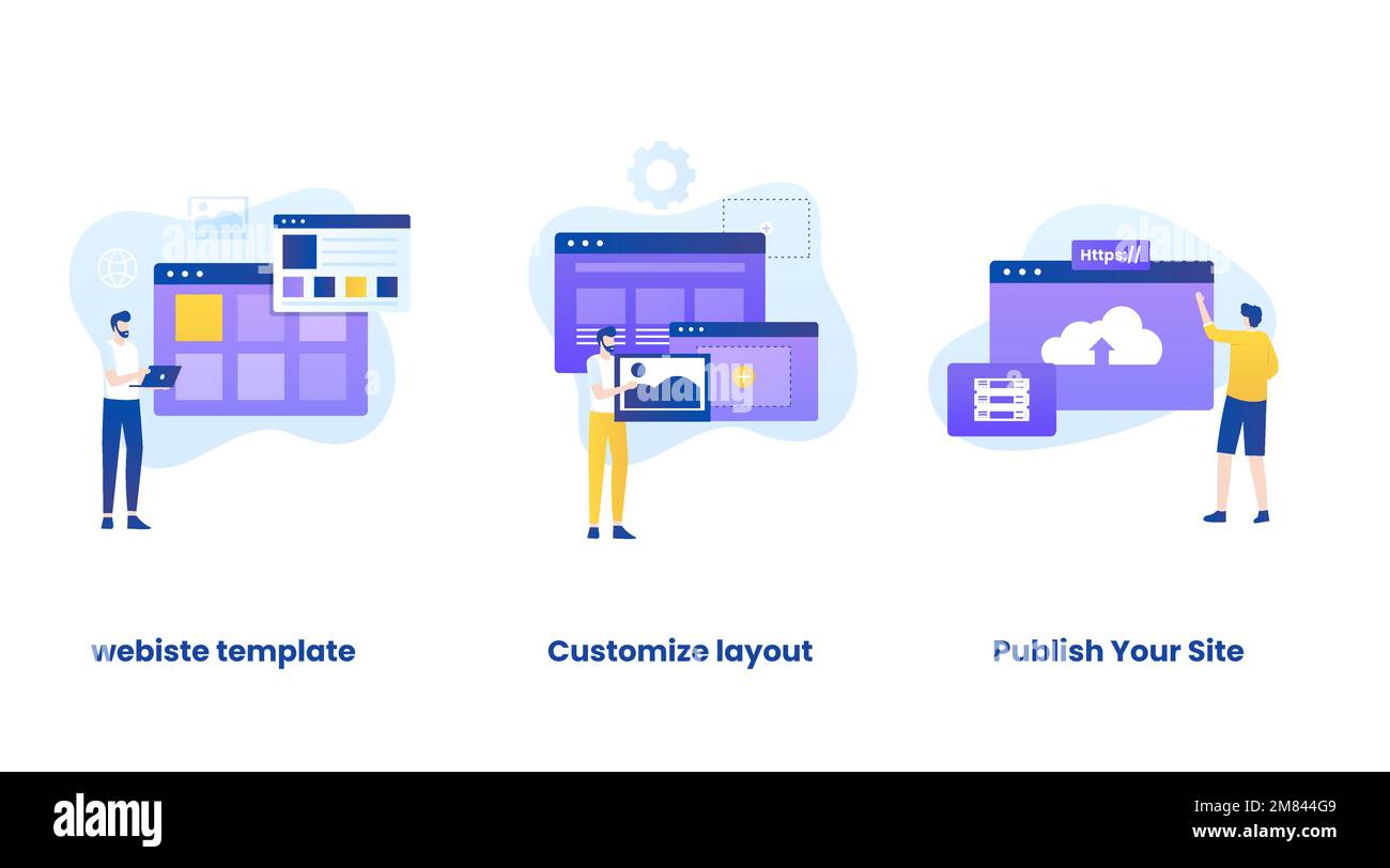 set di illustrazioni vettoriali per il costruttore di siti web. Illustrazioni per siti Web, landing page, applicazioni mobili, poster e banner. Illustrazione Vettoriale