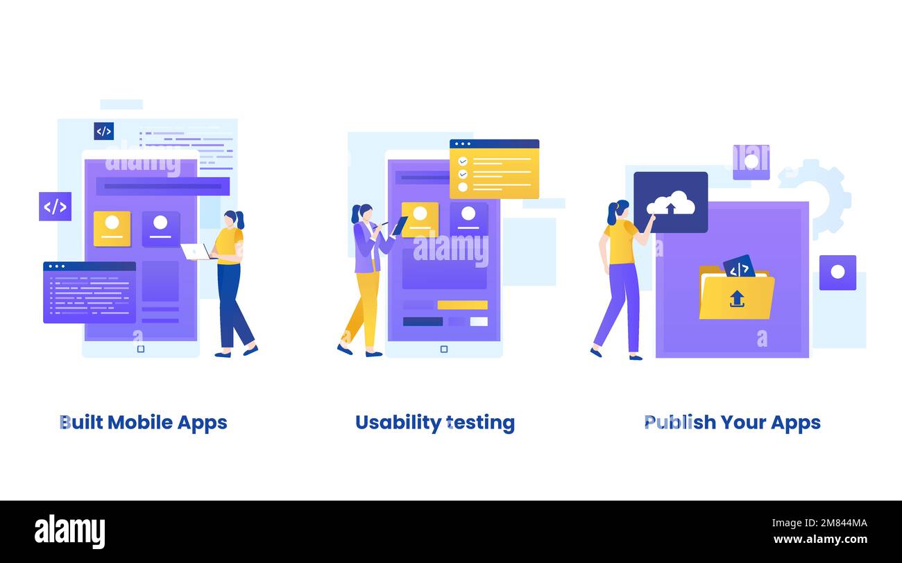 Set di illustrazioni vettoriali per le app mobili create. Illustrazioni per siti Web, landing page, applicazioni mobili, poster e banner. Illustrazione Vettoriale