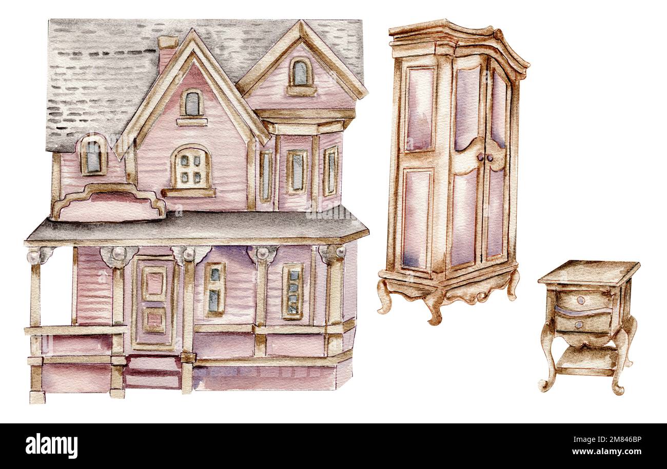 Acquerello illustrazione di un vecchio arredamento in legno e casa. Un vecchio elemento di smalto arrugginito. Disegnato a mano in acquerello su sfondo bianco. Foto Stock Acquerello illustrazione di un vecchio arredamento in legno e casa. Un vecchio elemento di smalto arrugginito. Disegnato a mano in acquerello su sfondo bianco. Foto Stock