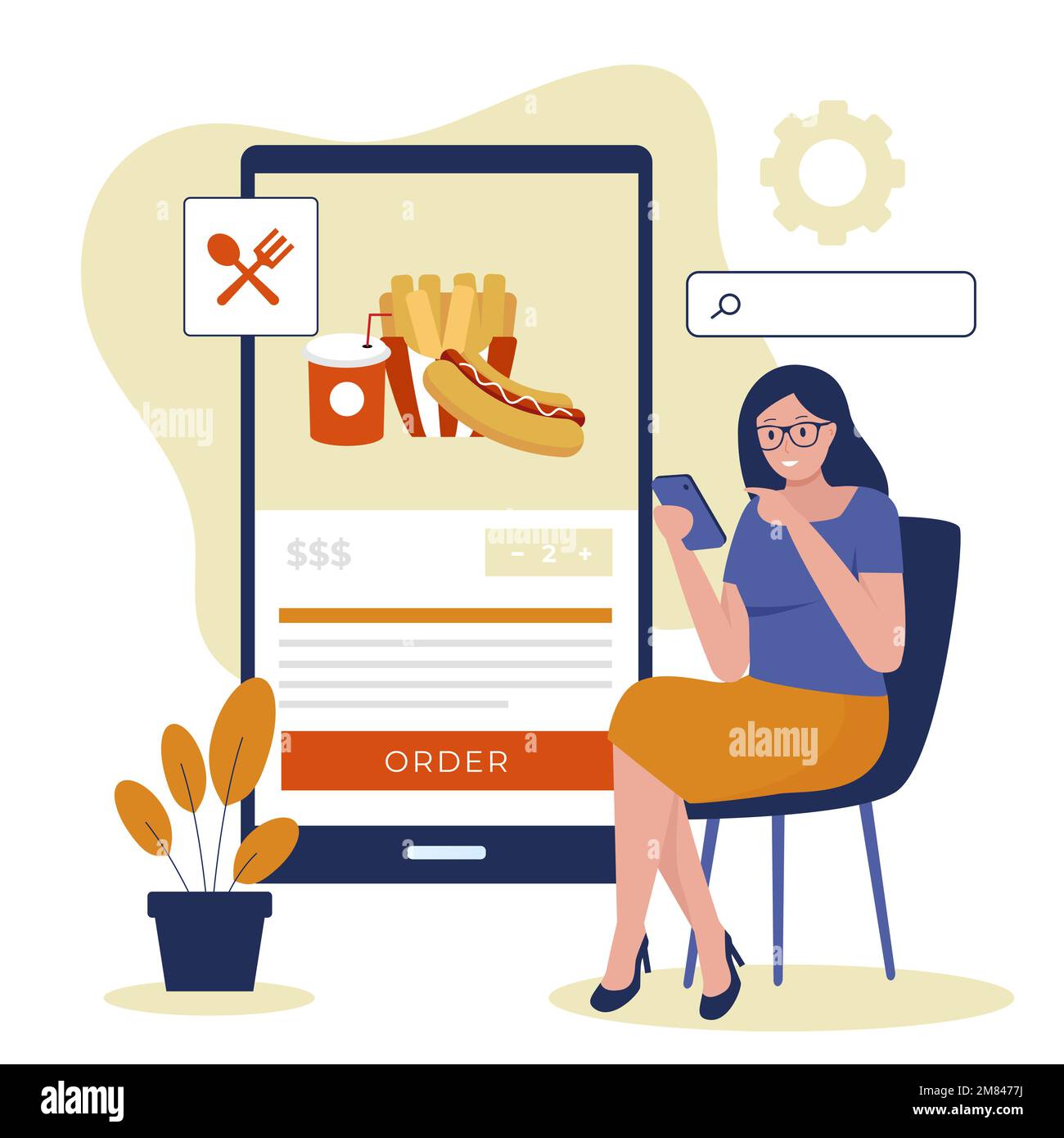 donna che ordina cibo online tramite app. Illustrazione per siti Web, landing page, applicazioni mobili, poster e banner. Trendy vettore piatto illustrati Illustrazione Vettoriale