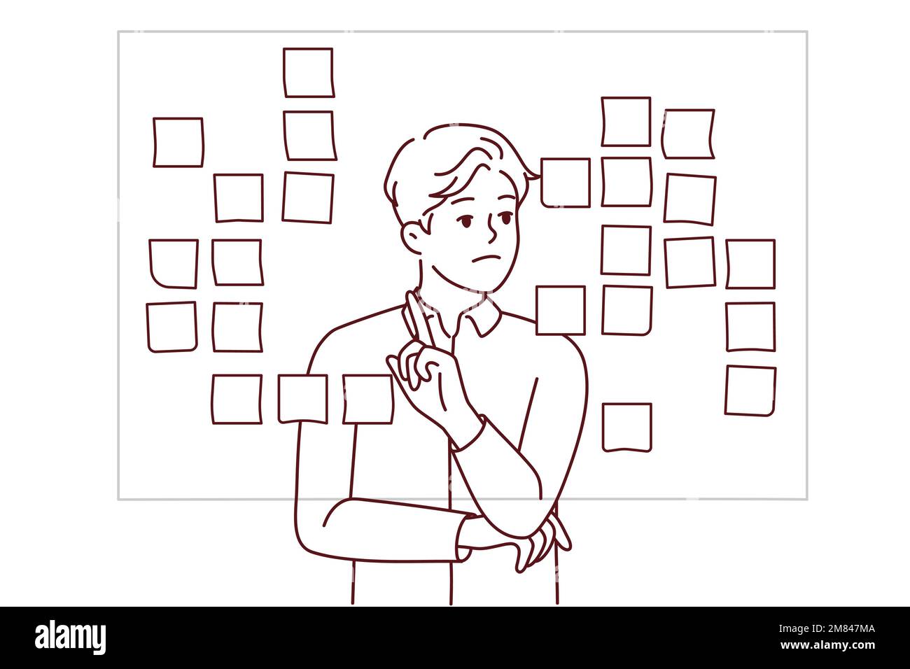 Uomo d'affari stand vicino alla lavagna brainstorming lavoro con note appiccicose. Dipendente di sesso maschile impegnato nel pensiero creativo in ufficio. Illustrazione vettoriale. Illustrazione Vettoriale